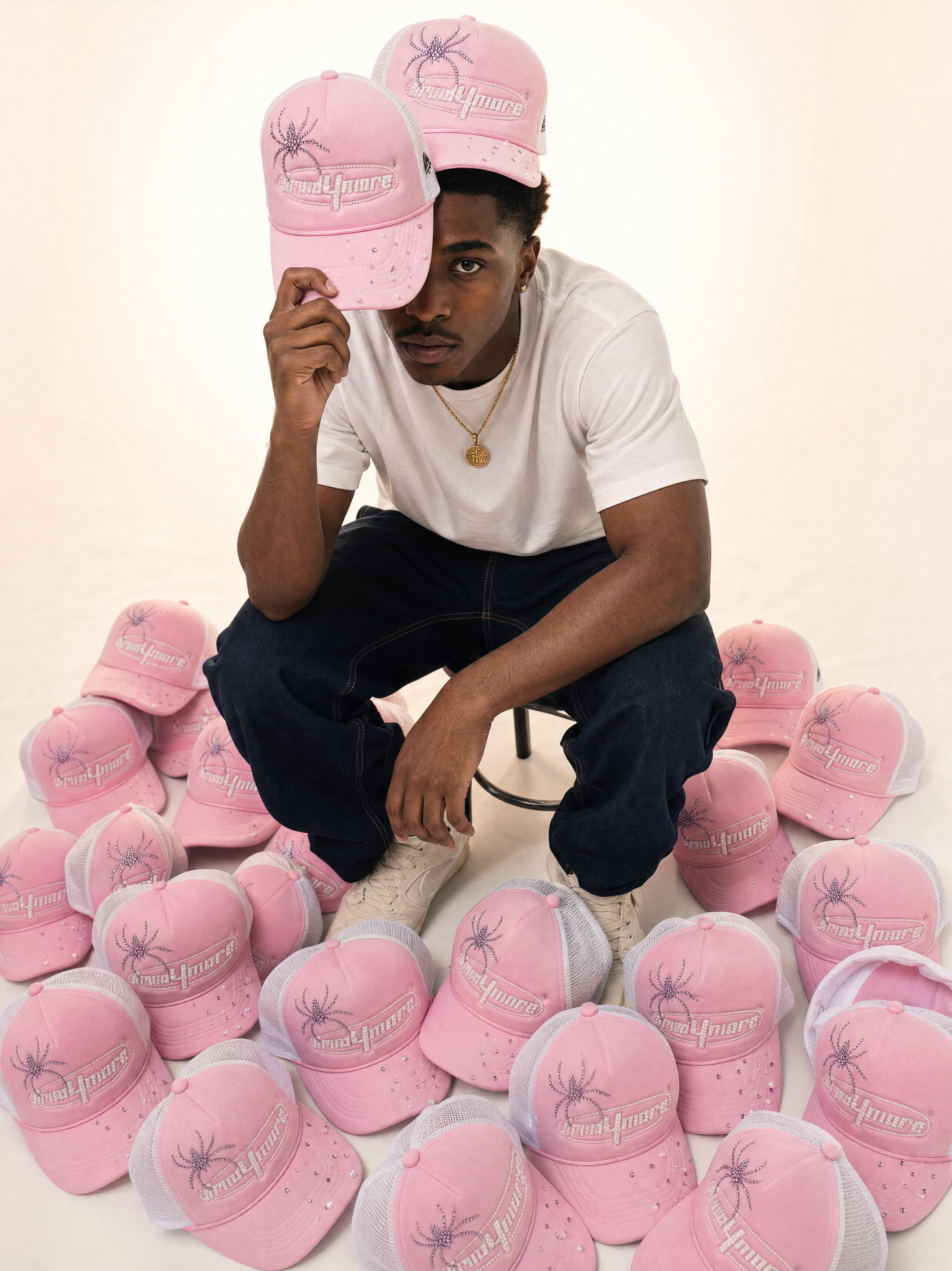 Grind4more Pink Spider Trucker Cap campaign shot